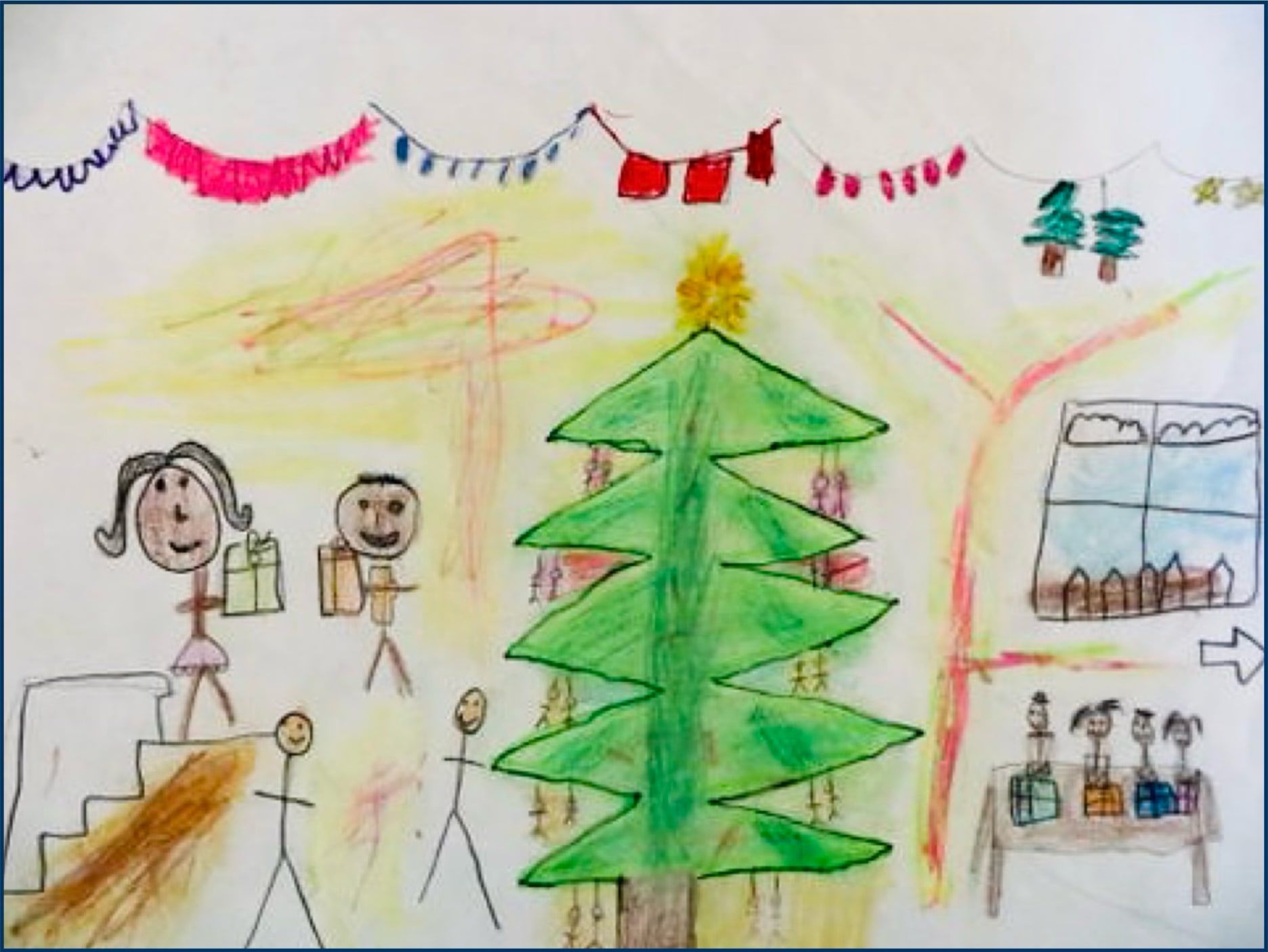 Barnetegning av juletre, strekmennesker og detaljer
